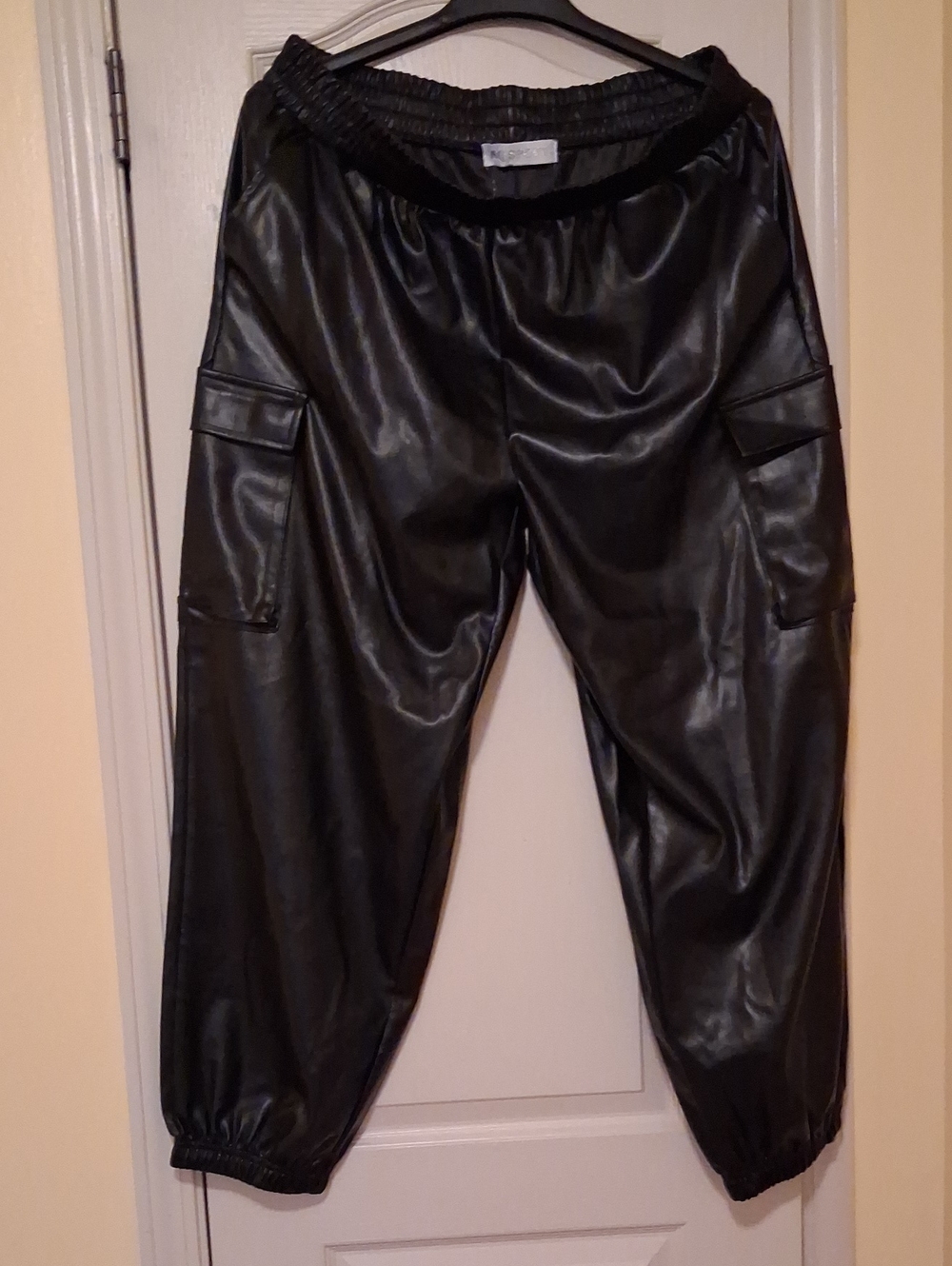 Black Faux Leather Cargo Jogger Pants by
